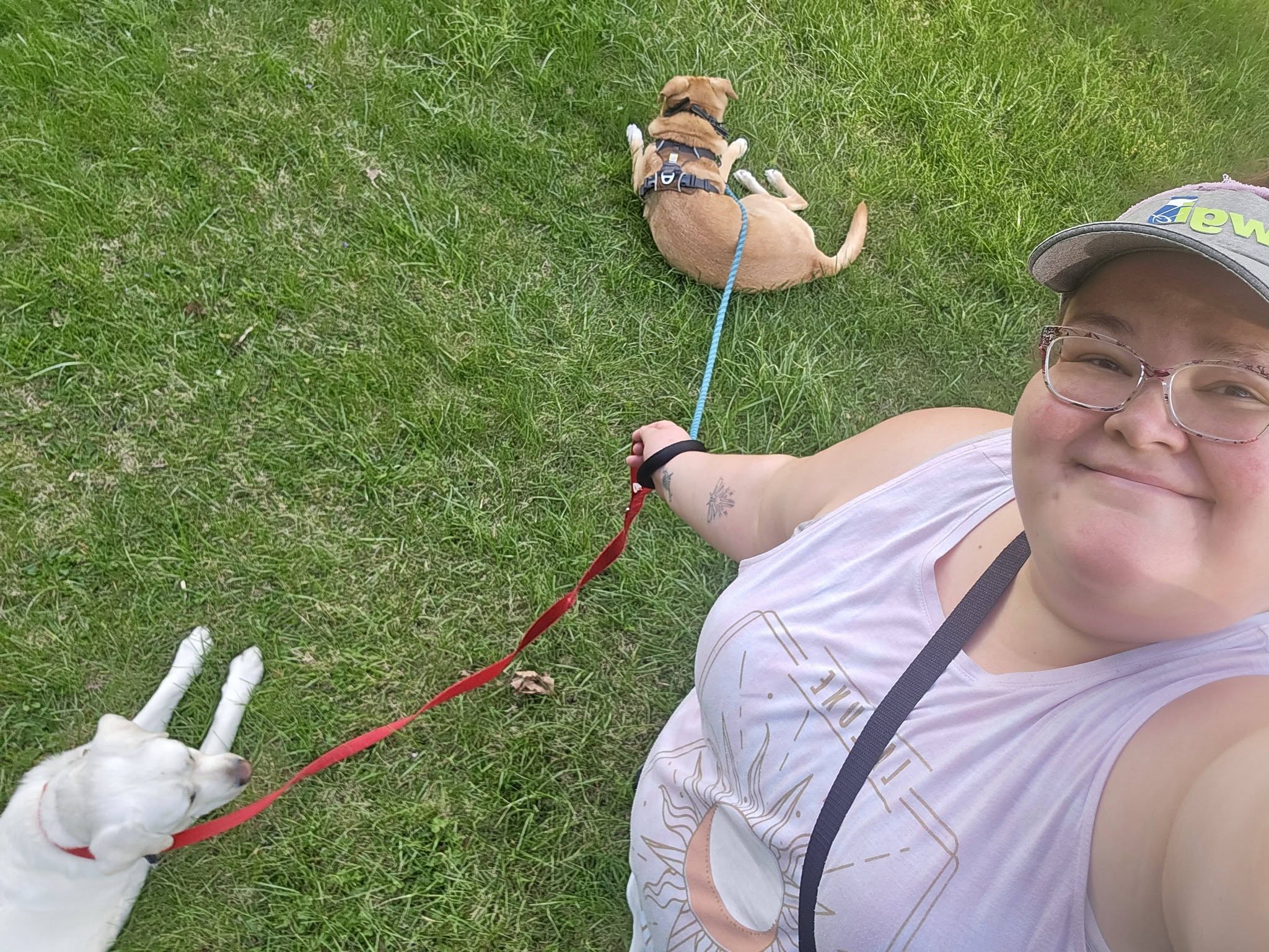 A woman smiles while taking a selfie with two happy dogs beside her